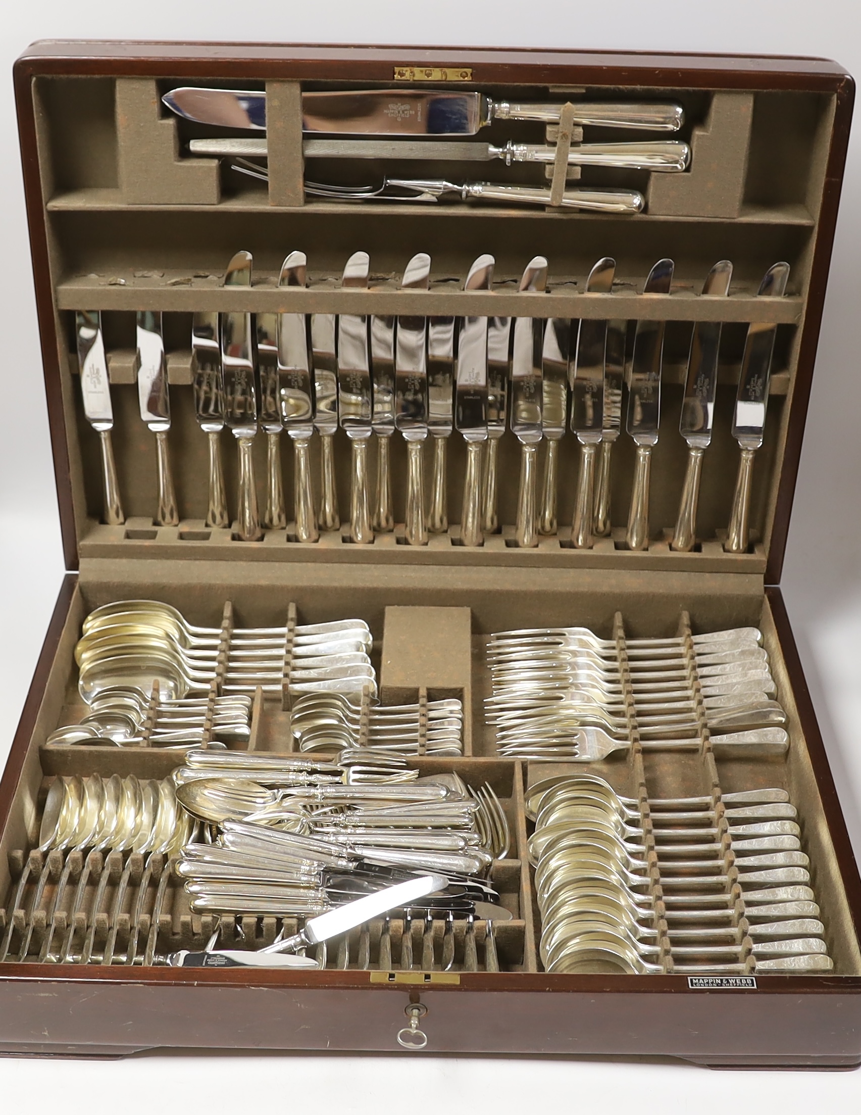 A late 1960's almost complete canteen of silver Hanoverian pattern cutlery by Mappin & Webb, comprising one hundred and nine items, Sheffield, 1964-1968